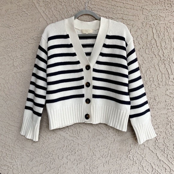 SEZANE BLOGGER Classic Navy Ecru Striped Wilson Cardigan Preppy Knit Sweater XXS - Picture 4 of 17